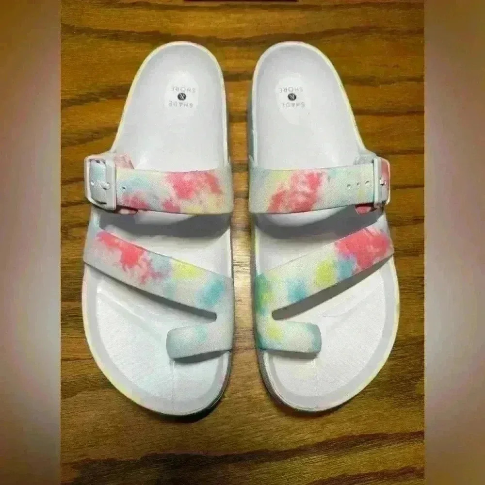 Shade & Shore Nola Toe Ring Slide Sandals White Tie Dye 10